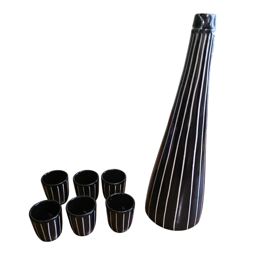 Modern Black White Pinstripe Ceramic Sake Set Conical Decanter 6 Cups 7pc Set